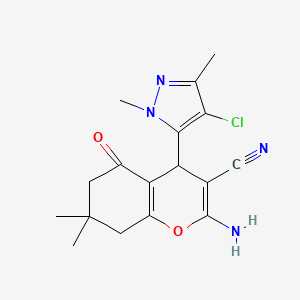 molecular formula C17H19ClN4O2 B1653468 2-Amino-4-(4-chloro-2,5-dimethylpyrazol-3-YL)-7,7-dimethyl-5-oxo-6,8-dihydro-4H-chromene-3-carbonitrile CAS No. 1855889-56-3