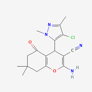 molecular formula C17H19ClN4O2 B1653468 2-amino-4-(4-chloro-1,3-dimethyl-1H-pyrazol-5-yl)-7,7-dimethyl-5-oxo-5,6,7,8-tetrahydro-4H-chromene-3-carbonitrile CAS No. 1855889-56-3