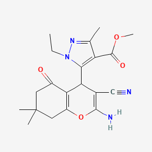 molecular formula C20H24N4O4 B1653473 Methyl 5-(2-amino-3-cyano-7,7-dimethyl-5-oxo-6,8-dihydro-4H-chromen-4-YL)-1-ethyl-3-methylpyrazole-4-carboxylate CAS No. 1855890-40-2