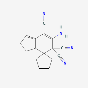 molecular formula C16H16N4 B1654207 Spiro(cyclopentane-1,4'-(4H)indene)-5',5',7'(2'H)-tricarbonitrile, 6'-amino-3',3'a-dihydro- CAS No. 21369-33-5
