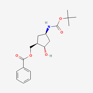 molecular formula C18H25NO5 B1654268 ((1R,2S,4R)-4-((tert-butoxycarbonyl)amino)-2-hydroxycyclopentyl)methyl benzoate CAS No. 2177258-94-3