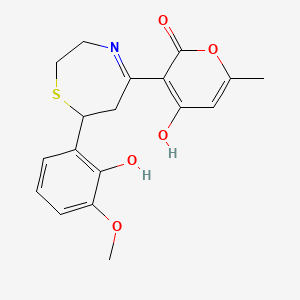 molecular formula C18H19NO5S B1654669 2H-pyran-2-one, 4-hydroxy-6-methyl-3-[2,3,6,7-tetrahydro-7-(2-hydroxy-3-methoxyphenyl)-1,4-thiazepin-5-yl]- CAS No. 257292-32-3