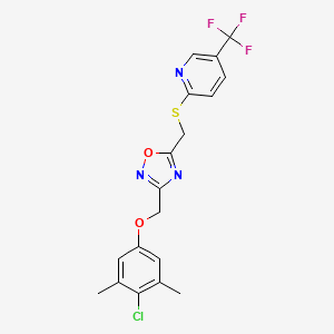 molecular formula C18H15ClF3N3O2S B1656018 3-[(4-Chloro-3,5-dimethylphenoxy)methyl]-5-[[5-(trifluoromethyl)pyridin-2-yl]sulfanylmethyl]-1,2,4-oxadiazole CAS No. 4784-96-7