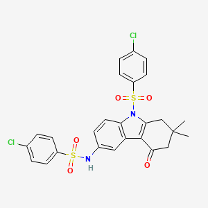 molecular formula C26H22Cl2N2O5S2 B1656117 4-chloro-N-[9-(4-chlorophenyl)sulfonyl-7,7-dimethyl-5-oxo-6,8-dihydrocarbazol-3-yl]benzenesulfonamide CAS No. 5062-31-7