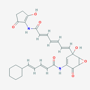 molecular formula C29H32N2O7 B165615 2,4,6-Heptatrienamide, 7-(4-((5-cyclohexyl-1-oxo-2,4-pentadienyl)amino)-2-hydroxy-5-oxo-7-oxabicyclo(4.1.0)hept-3-en-2-yl)-N-(2-hydroxy-5-oxo-1-cyclopenten-1-yl)- CAS No. 136398-54-4