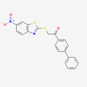 molecular formula C21H14N2O3S2 B1656739 1-(Biphenyl-4-yl)-2-[(6-nitro-1,3-benzothiazol-2-yl)sulfanyl]ethanone CAS No. 5398-00-5