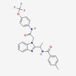 molecular formula C26H23F3N4O3 B1657055 4-methyl-N-[1-[1-[2-oxo-2-[4-(trifluoromethoxy)anilino]ethyl]benzimidazol-2-yl]ethyl]benzamide CAS No. 5531-82-8