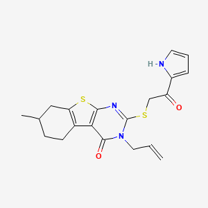 molecular formula C20H21N3O2S2 B1657293 7-methyl-2-[2-oxo-2-(1H-pyrrol-2-yl)ethyl]sulfanyl-3-prop-2-enyl-5,6,7,8-tetrahydro-[1]benzothiolo[2,3-d]pyrimidin-4-one CAS No. 5608-61-7