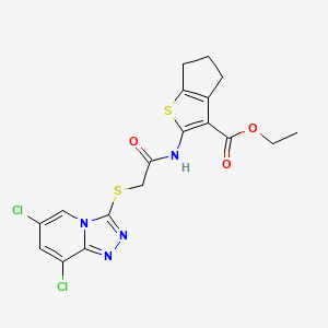 ethyl 2-[[2-[(6,8-dichloro-[1,2,4]triazolo[4,3-a]pyridin-3-yl)sulfanyl]acetyl]amino]-5,6-dihydro-4H-cyclopenta[b]thiophene-3-carboxylate