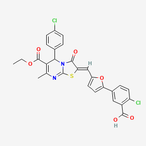 molecular formula C28H20Cl2N2O6S B1657497 2-chloro-5-[5-[(Z)-[5-(4-chlorophenyl)-6-ethoxycarbonyl-7-methyl-3-oxo-5H-[1,3]thiazolo[3,2-a]pyrimidin-2-ylidene]methyl]furan-2-yl]benzoic acid CAS No. 5682-19-9