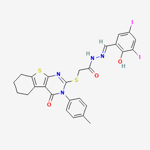 N-[(E)-(2-Hydroxy-3,5-diiodophenyl)methylideneamino]-2-[[3-(4-methylphenyl)-4-oxo-5,6,7,8-tetrahydro-[1]benzothiolo[2,3-d]pyrimidin-2-yl]sulfanyl]acetamide