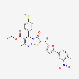 molecular formula C29H25N3O6S2 B1657823 ethyl (2Z)-7-methyl-2-[[5-(4-methyl-3-nitrophenyl)furan-2-yl]methylidene]-5-(4-methylsulfanylphenyl)-3-oxo-5H-[1,3]thiazolo[3,2-a]pyrimidine-6-carboxylate CAS No. 5829-88-9