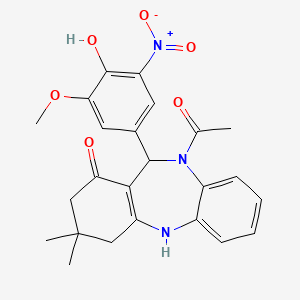 molecular formula C24H25N3O6 B1658031 5-Acetyl-6-(4-hydroxy-3-methoxy-5-nitrophenyl)-9,9-dimethyl-6,8,10,11-tetrahydrobenzo[b][1,4]benzodiazepin-7-one CAS No. 5926-36-3