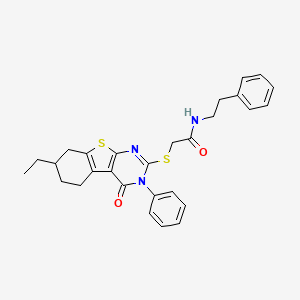 molecular formula C28H29N3O2S2 B1658048 2-[(7-Ethyl-4-oxo-3-phenyl-5,6,7,8-tetrahydro-[1]benzothiolo[2,3-d]pyrimidin-2-yl)sulfanyl]-N-(2-phenylethyl)acetamide CAS No. 5930-84-7