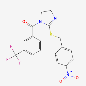 molecular formula C18H14F3N3O3S B1658897 [2-[(4-Nitrophenyl)methylsulfanyl]-4,5-dihydroimidazol-1-yl]-[3-(trifluoromethyl)phenyl]methanone CAS No. 6254-66-6