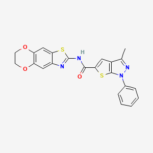 molecular formula C22H16N4O3S2 B1659503 N-(6,7-dihydro-[1,4]dioxino[2,3-f][1,3]benzothiazol-2-yl)-3-methyl-1-phenylthieno[2,3-c]pyrazole-5-carboxamide CAS No. 6553-68-0