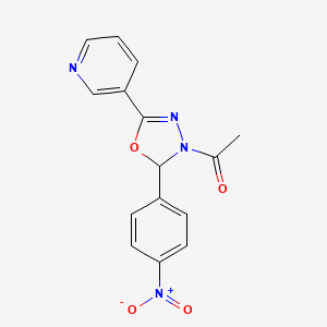 B1661332 1,3,4-Oxadiazole, 3-acetyl-2,3-dihydro-2-(4-nitrophenyl)-5-(3-pyridinyl)- CAS No. 89813-94-5