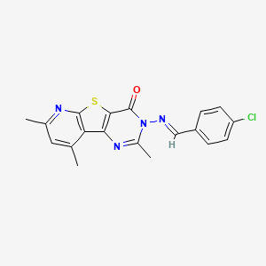 B1661894 Pyrido(3',2':4,5)thieno(3,2-d)pyrimidin-4(3H)-one, 3-((p-chlorobenzylidene)amino)-2,7,9-trimethyl- CAS No. 99504-82-2