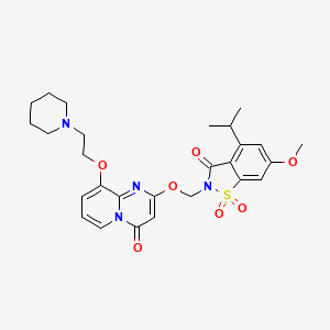 B1662610 6-Methoxy-1,1-dioxo-2-[[4-oxo-9-[2-(1-piperidinyl)ethoxy]-2-pyrido[1,2-a]pyrimidinyl]oxymethyl]-4-propan-2-yl-1,2-benzothiazol-3-one CAS No. 344930-95-6