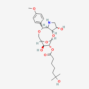 molecular formula C25H37NO9 B1664284 庚酸，6-羟基-6-甲基-，十氢-3,7-二羟基-11-(4-甲氧基苯基)-5,8-环氧-5H-(1,5)二氧杂环辛(3,2-b)吡咯-6-基酯 CAS No. 139159-00-5