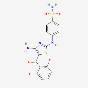 molecular formula C16H12F2N4O3S2 B1664413 苯磺酰胺，4-((4-氨基-5-(2,6-二氟苯甲酰)-2-噻唑基)氨基)- CAS No. 223784-75-6
