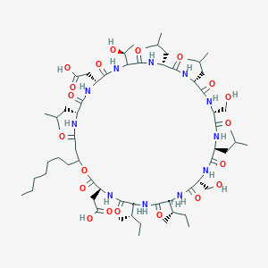 molecular formula C64H111N11O20 B1665178 2-[(3S,6S,9S,12R,15S,18R,21R,24R,30R,33R)-6,9-bis[(2S)-butan-2-yl]-3-(carboxymethyl)-37-heptyl-27-[(1S)-1-hydroxyethyl]-12,18-bis(hydroxymethyl)-15,21,24,33-tetrakis(2-methylpropyl)-2,5,8,11,14,17,20,23,26,29,32,35-dodecaoxo-1-oxa-4,7,10,13,16,19,22,25,28,31,34-undecazacycloheptatriacont-30-yl]acetic acid CAS No. 152406-36-5