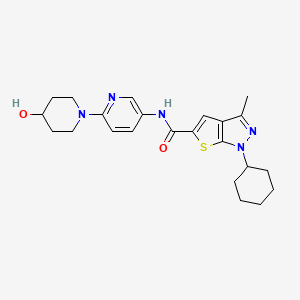 molecular formula C23H29N5O2S B1665187 1H-噻吩并(2,3-C)吡唑-5-甲酰胺，1-环己基-N-(6-(4-羟基-1-哌啶基)-3-吡啶基)-3-甲基- CAS No. 873541-45-8