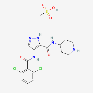 molecular formula C17H21Cl2N5O5S B1666107 4-((2,6-Dichlorobenzoyl)amino)-n-piperidin-4-yl-1H-pyrazole-3-carboxamide methanesulfonate CAS No. 902135-89-1