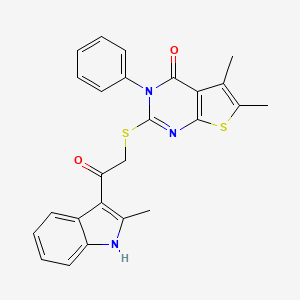 molecular formula C25H21N3O2S2 B1667515 5,6-dimethyl-2-{[2-(2-methyl-1H-indol-3-yl)-2-oxoethyl]sulfanyl}-3-phenyl-3H,4H-thieno[2,3-d]pyrimidin-4-one CAS No. 618395-82-7