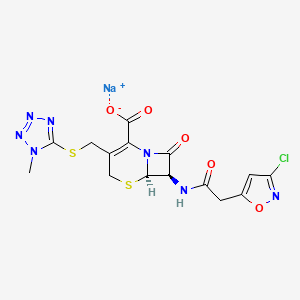 molecular formula C15H13ClN7NaO5S2 B1667541 5-Thia-1-azabicyclo(4.2.0)oct-2-ene-2-carboxylic acid, 7-(((3-chloro-5-isoxazolyl)acetyl)amino)-3-(((1-methyl-1H-tetrazol-5-yl)thio)methyl)-8-oxo-, monosodium salt, (6R-trans)- CAS No. 110008-56-5