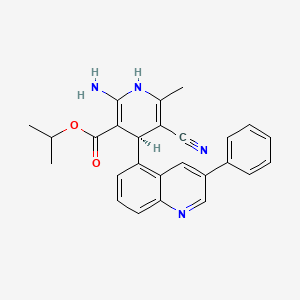 molecular formula C26H24N4O2 B1667827 3-吡啶甲酸，2-氨基-5-氰基-1,4-二氢-6-甲基-4-(3-苯基-5-喹啉基)-，1-甲基乙酯，(4R)- CAS No. 146136-94-9