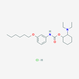molecular formula C23H39ClN2O3 B1668322 Carbanilic acid, m-hexyloxy-, 2-(diethylamino)cyclohexyl ester, hydrochloride, (E)- CAS No. 38198-32-2