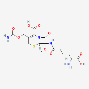 molecular formula C16H22N4O9S B1668395 5-Thia-1-azabicyclo(4.2.0)oct-2-ene-2-carboxylic acid, 3-(((aminocarbonyl)oxy)methyl)-7-((5-amino-5-carboxy-1-oxopentyl)amino)-7-methoxy-8-oxo- CAS No. 38429-35-5