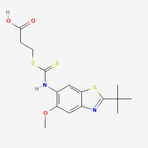molecular formula C16H20N2O3S3 B1668482 Propanoic acid, 3-((((2-(1,1-dimethylethyl)-5-methoxy-6-benzothiazolyl)amino)thioxomethyl)thio)- CAS No. 81059-04-3
