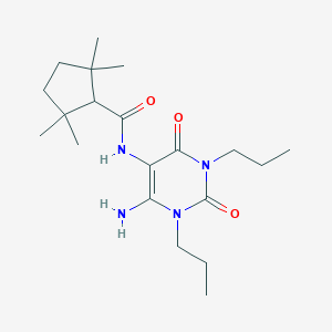 molecular formula C20H34N4O3 B166915 Cyclopentanecarboxamide,  N-(6-amino-1,2,3,4-tetrahydro-2,4-dioxo-1,3-dipropyl-5-pyrimidinyl)-2,2,5, CAS No. 139348-58-6