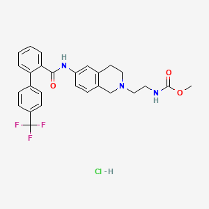 molecular formula C27H27ClF3N3O3 B1669500 Carbamic acid, (2-(3,4-dihydro-6-(((4'-(trifluoromethyl)(1,1'-biphenyl)-2-yl)carbonyl)amino)-2(1H)-isoquinolinyl)ethyl)-, methyl ester, monohydrochloride CAS No. 909576-25-6