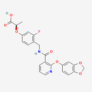 molecular formula C23H19FN2O7 B1669556 (R)-2-(4-((((2-((Benzo(1,3)dioxol-5-yl)oxy)pyridin-3-yl)carbonyl)amino)methyl)-3-fluorophenoxy)propionic acid CAS No. 445295-04-5