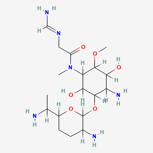 molecular formula C18H36N6O6 B1669753 N-[4-amino-3-[3-amino-6-(1-aminoethyl)oxan-2-yl]oxy-2,5-dihydroxy-6-methoxycyclohexyl]-2-(aminomethylideneamino)-N-methylacetamide CAS No. 73196-97-1