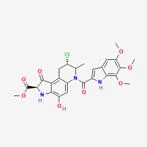 molecular formula C26H26ClN3O8 B1669876 1H-Pyrrolo(3,2-f)quinoline-2-carboxylic acid, 8-chloro-2,3,6,7,8,9-hexahydro-4-hydroxy-2-methyl-oxo-6-((5,6,7-trimethoxy-1H-indol-2-yl)carbonyl)-, methyl ester CAS No. 113189-05-2