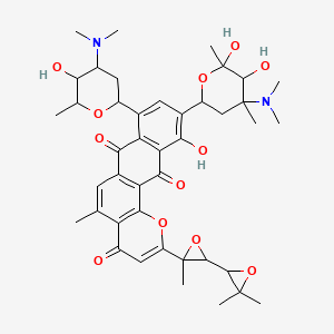 molecular formula C42H52N2O12 B1669877 10-[4-(Dimethylamino)-5,6-dihydroxy-4,6-dimethyloxan-2-yl]-8-[4-(dimethylamino)-5-hydroxy-6-methyloxan-2-yl]-2-[3-(3,3-dimethyloxiran-2-yl)-2-methyloxiran-2-yl]-11-hydroxy-5-methylnaphtho[2,3-h]chromene-4,7,12-trione CAS No. 116988-30-8