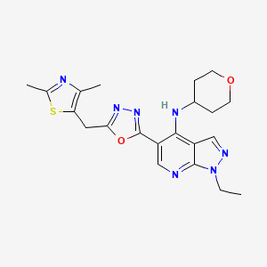 molecular formula C21H25N7O2S B1672383 1H-吡唑并(3,4-b)吡啶-4-胺，5-(5-((2,4-二甲基-5-噻唑基)甲基)-1,3,4-恶二唑-2-基)-1-乙基-n-(四氢-2H-吡喃-4-基)- CAS No. 720704-34-7