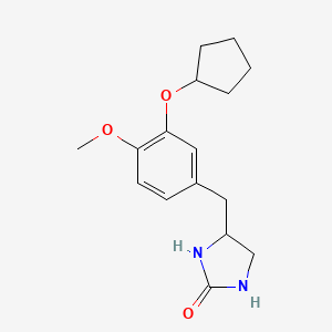 molecular formula C16H22N2O3 B1672558 4-((3-(Cyclopentyloxy)-4-methoxyphenyl)methyl)-2-imidazolidinone CAS No. 75614-09-4