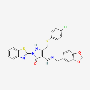 B1673321 (4E)-4-[(1,3-benzodioxol-5-ylmethylamino)methylidene]-2-(1,3-benzothiazol-2-yl)-5-[(4-chlorophenyl)sulfanylmethyl]pyrazol-3-one CAS No. 361198-09-6