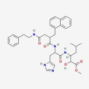 B1673774 Hexanoic acid, 2-hydroxy-3-((3-(1H-imidazol-4-yl)-2-((2-(1-naphthalenylmethyl)-1,4-dioxo-4-((2-phenylethyl)amino)butyl)amino)-1-oxopropyl)amino)-5-methyl-, methyl ester CAS No. 105186-68-3