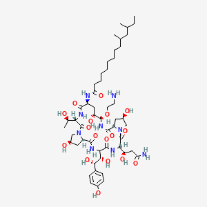 molecular formula C52H85N9O17 B1673939 N-[(3S,6S,9S,11R,15S,18S,20R,21R,24S,26R)-21-(2-Aminoethoxy)-3-[(1R)-3-amino-1-hydroxy-3-oxopropyl]-6-[(1S,2S)-1,2-dihydroxy-2-(4-hydroxyphenyl)ethyl]-11,20,26-trihydroxy-15-[(1R)-1-hydroxyethyl]-2,5,8,14,17,23-hexaoxo-1,4,7,13,16,22-hexazatricyclo[22.3.0.09,13]heptacosan-18-yl]-10,12-dimethyltetradecanamide CAS No. 150220-81-8