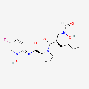 molecular formula C18H25FN4O5 B1674648 L-Prolinamide, (2R)-2-butyl-N-formyl-N-hydroxy-beta-alanyl-N-(5-fluoro-1-oxido-2-pyridinyl)- CAS No. 478913-91-6