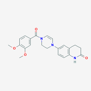 molecular formula C22H23N3O4 B1677432 Pyrazine, 1-(3,4-dimethoxybenzoyl)-1,2,3,4-tetrahydro-4-(1,2,3,4-tetrahydro-2-oxo-6-quinolinyl)- CAS No. 211369-52-7