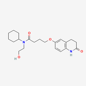 molecular formula C21H30N2O4 B1677436 Butanamide, N-cyclohexyl-N-(2-hydroxyethyl)-4-((1,2,3,4-tetrahydro-2-oxo-6-quinolinyl)oxy)- CAS No. 76470-87-6