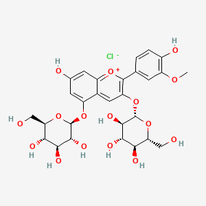 molecular formula C28H33ClO16 B1678281 3,5-双(β-D-葡萄糖吡喃糖基氧基)-7-羟基-2-(4-羟基-3-甲氧基苯基)-1-苯并吡喃鎓氯化物 CAS No. 132-37-6