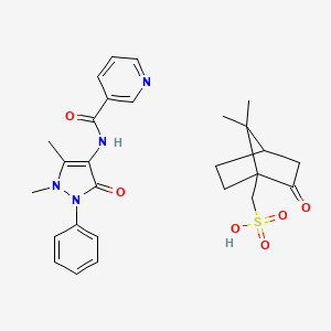 molecular formula C27H32N4O6S B1678813 Bicyclo(2.2.1)heptane-1-methanesulfonic acid, 7,7-dimethyl-2-oxo-, (1S)-, compd. with N-(2,3-dihydro-1,5-dimethyl-3-oxo-2-phenyl-1H-pyrazol-4-yl)-3-pyridinecarboxamide (1:1) CAS No. 31000-26-7